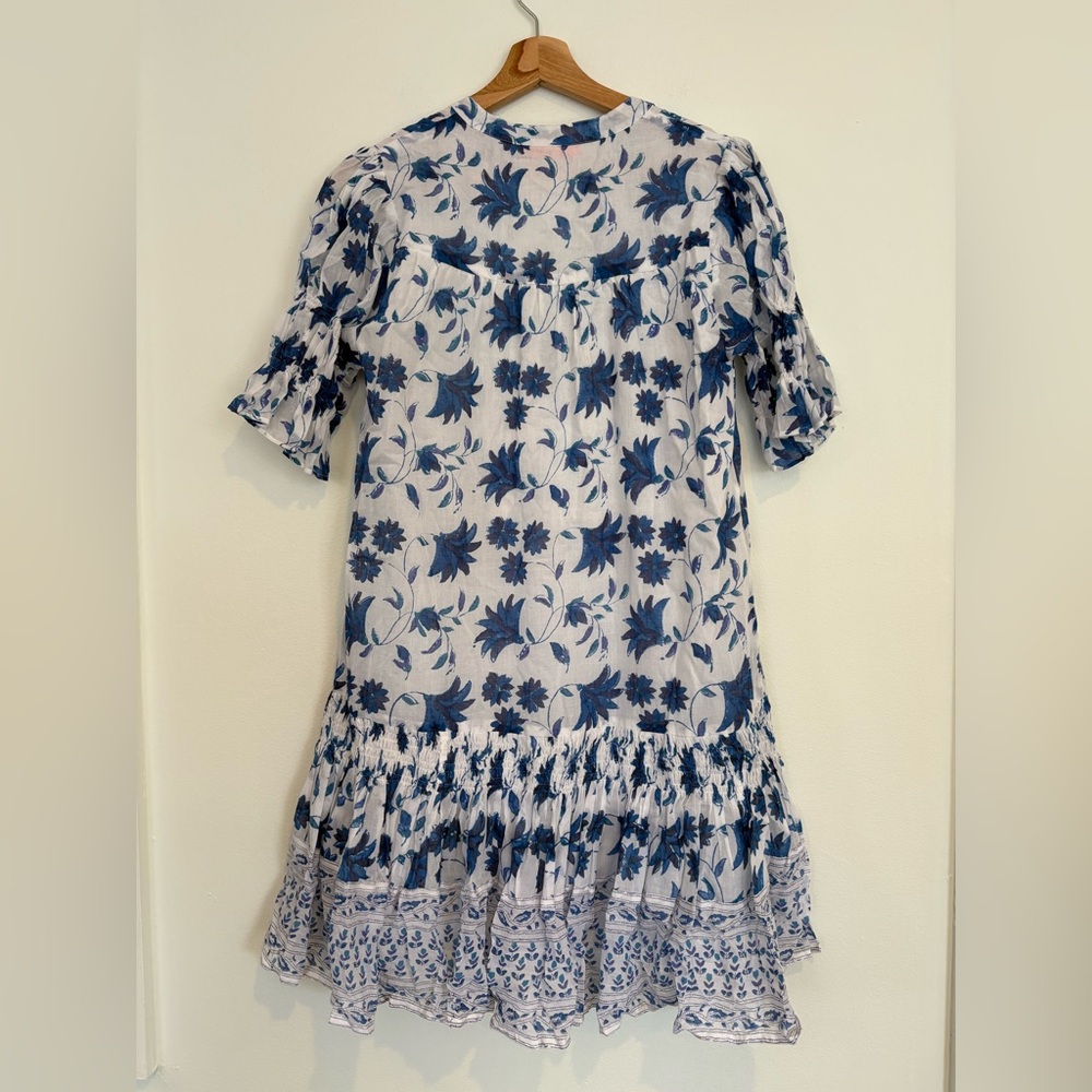 OLIPHANT‎ || Smocked Drop Mini Dress in Marion Blue Block Print Floral White S - Picture 6 of 10